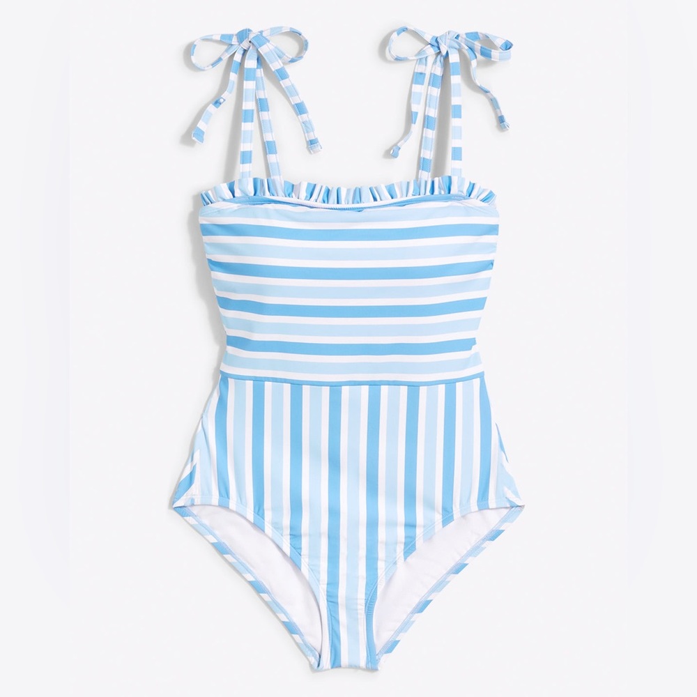 NEVER WORN Ruffled One Piece Swimsuit in Awning Stripe